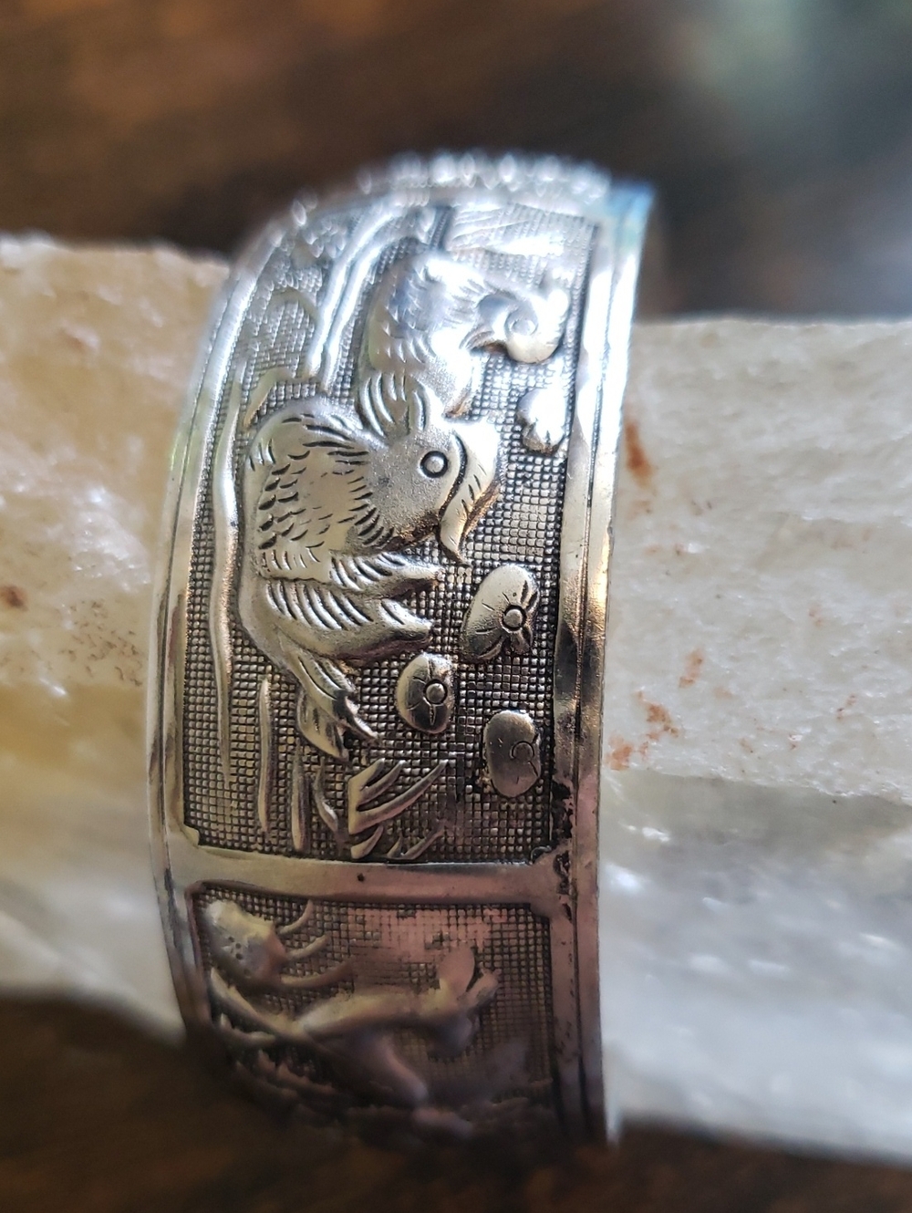 White Metal Nepalize Repose Animals and Birds Cuff Bracelet